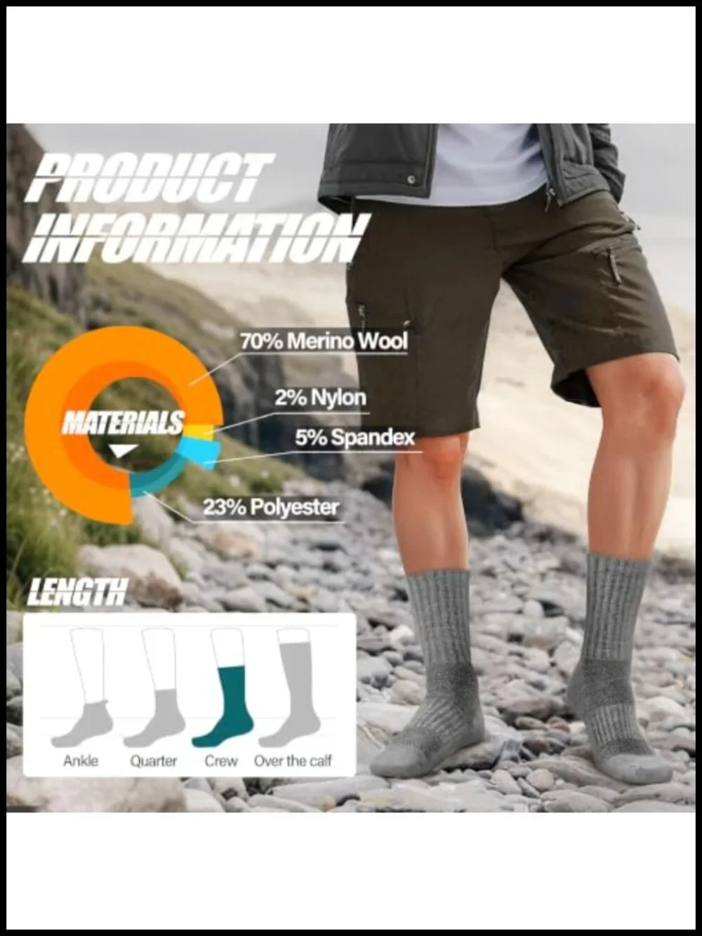 Merino Wool Hiking Socks 5 Pairs, Breathable Cushioned Athletic Crew by ANTSANG